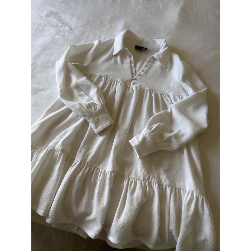 Danielle Bernstein White Tiered Babydoll Mini Dress Collared Long Sleeve XS